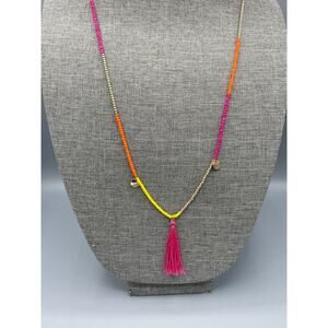 Beachy Coastal Colorful Tassel Gold Tone Charm Glass Bead Long Necklace 40 in